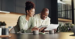 Tablet, documents or black couple with finance in kitchen for budget planning or investment in home. Man, woman or smile with paperwork or technology for financial expenses or bills together in house