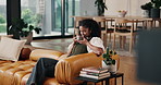 Relax, smell and woman with coffee cup on couch, morning reflection and mindfulness for peaceful mindset. Smile, aroma and female person with hot beverage for calm, stress relief and zen perspective