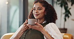 Relax, smell and woman with coffee cup in home, morning reflection and mindfulness for peaceful mindset. Smile, aroma and person with hot beverage for calm, stress relief and zen perspective on sofa
