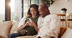 Love, phone or couple in house with laugh, funny video or comic post on social media. Happy, digital or African people on sofa with tech, meme reaction or bonding together with humor connection.