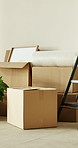 Empty room, house and boxes for moving, real estate and property investment for relocation with ladder. New home, mortgage and cardboard container for fresh start, package and rental apartment space