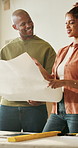 Blueprint, renovation and talking with couple in new house together for mortgage investment. Floor plan, property and real estate with happy people in apartment for diy project or home improvement