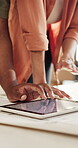 Hands, couple and tablet screen with blueprint for renovation, home construction or interior design. Architecture, review floor plan or layout with people, digital drawing or house remodeling scroll