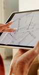 Hands, scroll and tablet screen with blueprint for renovation, construction or interior design of home. Architecture, review floor plan or layout with woman, digital drawing and house remodeling