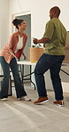 Real estate, fun or couple in home with dance, fresh start or happy moment in dream house. Property, bonding or people with playful groove, housing success or moving achievement for new homeowners.