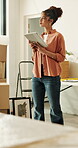 Interior design, thinking or woman in home with tablet, decor ideas or digital layout in dream house. Reflection, smile or person with tech, remodelling choice or furniture insight for new homeowner.