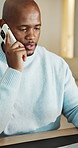 Phone call, remote work and black man in home, conversation and planning small business. Communication, entrepreneur and African worker with discussion, internet and freelancer with proposal feedback