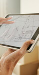 Hands, tablet screen and scroll floorplan for renovation, construction or interior design of home. Architecture, review blueprint or layout with person, digital drawing or house remodeling project 