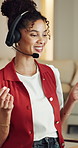 Call center, smile or woman in home office with headset, contact us or investment advice in remote work. WFH, tech or finance consultant with mic, online banking or crm service in loan support.