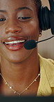 Microphone, talk and call center with black woman in home office for virtual consultant, crm and agent. Remote work, faq feedback and financial inquiry with person in apartment for online help desk