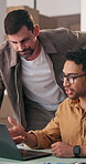 Logistics, discussion and men with laptop in office, team and planning for stock distribution on web. Online shop, collaboration and people with tech for order, supply chain and inventory management