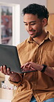 Logistics, man or happy on laptop in startup for scheduling delivery, client email or online quote. Small business owner, tech and scroll for shipping status, process invoice or inventory management