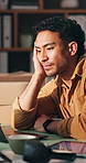 Stress, laptop and businessman in office with deadline for software development project. Fatigue, burnout and male frontend engineer with brain fog for website design on computer in workplace.