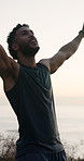 Winner, runner and excited with man in nature for workout break, fitness goal and celebration. Exercise rest, success and wellness with person outdoor for health, endurance training and achievement