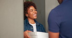 Boxes, pizza delivery and smile of black woman in home entrance for receiving takeout meal. Fast food, front door and thank you with happy customer in apartment for hunger or takeaway purchase