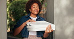Delivery, happy and black woman at house with pizza box, food smell or customer satisfaction in logistics. Smile, distribution or person with parcel, meal aroma or quality order in takeaway service.
