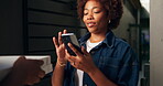 Woman, delivery man and pizza box with phone for fast food, app and ecommerce by home front door. People, employee and customer with tech for takeaway, supply chain and service with gratitude