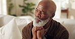 Black man, senior and thinking on couch at house, contemplating or daydreaming with wonder. Male person, retired and perspective, nostalgia or remember with memory, insight or reflection at home