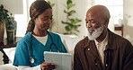 Doctor, tablet and consulting senior patient in home for test results, medical diagnosis or support. Black people, pensioner and expert with tech on sofa for follow up, recovery and retirement health
