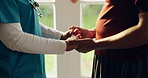 Nurse, holding hands and senior woman with support, comfort and trust together in retirement home. Elderly care, medical help and caregiver with empathy, solidarity and gratitude in living room