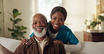 Face, nurse and senior man in home for medical assistance, healthcare support and funny checkup. Black people, caregiver or happy patient in assisted living for retirement health, bonding or kindness