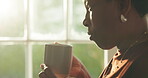 Thinking, coffee and relax with black woman in home for reflection, beverage and wellness. Morning drink, mindfulness and calm with person in living room of house for weekend break and memory