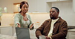 Laptop, fight and debt with black couple in kitchen for bankruptcy email, final notice or argue. Late payment, online debit fail and frustrated with man and woman in home for stress and budget crisis