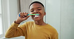 Morning, brushing teeth and face with black child in bathroom for toothbrush, cleaning and dental. Self care, oral hygiene and gum health with kid in home for plaque prevention, mouth and wellness