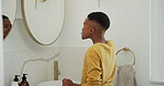 Morning, toothbrush and mirror with black child in bathroom for brushing teeth, cleaning and dental. Self care, oral hygiene and gum health with kid in home for plaque prevention, mouth and wellness