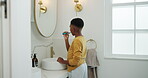 Mirror, toothbrush and basin with black child in bathroom for brushing teeth, cleaning and dental. Self care, oral hygiene and gum health with kid in home for plaque prevention, mouth and wellness
