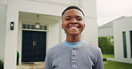 Happy, outdoor and face of black child by new home with positive attitude for moving safety. Smile, development and portrait of boy kid with relax in backyard with confidence for growth by house.