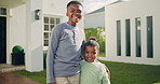 Happy, outdoor and face of children by new home with positive attitude for moving safety. Smile, development and portrait of kids with relax in backyard with confidence for growth on weekend by house