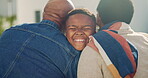 Child, smile and hug with grandparents, backyard and bonding with grandson on weekend visit at house. Senior black people, home and embrace with boy, outdoor and connection on break and family love