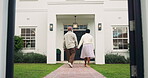 Senior, couple and walk home with talk for morning fresh air, retirement support and bonding. Pensioner, back of black people or holding hands in front yard for romantic stroll, conversation and love