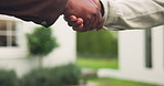 Hands, people and handshake at new house with realtor, welcome and agreement for real estate. Person, greeting and meeting with client outdoor for b2b, success and negotiation for property investment