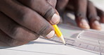 Man, drawing and hands of architect with blueprint in office for building, renovation or city planning. Sketch, civil engineering and contractor with stationery on construction design in workplace.