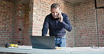 Contractor, phone call and laptop with man in building for structure engineer, construction and contact. Architecture, site plan and real estate developer with employee for discussion and project