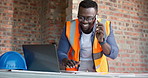 Architect, phone call and blue print with black man in building for structure engineer, construction and contact. Contractor, site plan and real estate developer with employee for talk and laptop