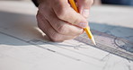 Hands, drawing and architect with blueprint in office for building, renovation or city planning. Man, civil engineering and contractor with stationery for sketch on construction design in workplace.