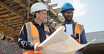 Construction, men and talk with blueprint on site for building inspection, progress or compliance. Floor plan, architect and foreman feedback outdoor for safety regulations, renovation update or team