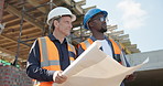 Construction, men or site inspection with blueprint for building update, phase assessment or layout. Floor plan, architect and foreman talk outdoor for safety regulations, renovation progress or team