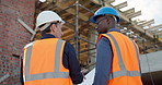 Construction, team and building inspection with blueprint for layout, structure integrity or design. Men, architect or talk with floor plan for renovation progress, code compliance or masonry safety