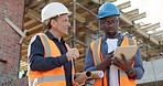 Construction, men and site inspection with tablet for building update, info request or progress. Blueprint, architect and foreman on tech outdoor for renovation feedback, code compliance or teamwork
