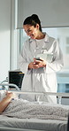 Hospital, consulting and person in bed with doctor for conversation, update and surgery results. Healthcare, tablet and woman with patient for treatment plan, medical service and healing for wellness