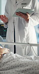 Hospital bed, tablet and hands of doctor with patient for consulting, recovery or surgery checkup. Healthcare, clinic and people with tech, online results and talking for diagnosis, review or support