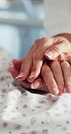 Hands, hospital and doctor with patient in bed for comfort, empathy and support for medical recovery. Healthcare, closeup and people for compassion, care and console for wellness, results or healing