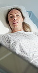 Talking, hospital and woman in bed with doctor for consulting, medical service and surgery plan. Healthcare, clinic and people with tablet for results, patient report and discussion for recovery