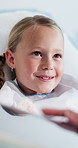 Tablet, doctor and child in hospital bed for consulting, medical report and talking for checkup. Healthcare, pediatrician and girl with person on tech for patient review, diagnosis and service