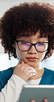 Nurse, thinking and woman with tablet in hospital, reading and treatment plan on web or information. Clinic, medical professional and person with tech for research, serious and review health report