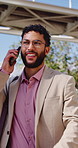Happy, phone call and businessman in city, walking and chat with contact for real estate investment. Realtor, commuting and business person with mobile, discussion and communication on social media